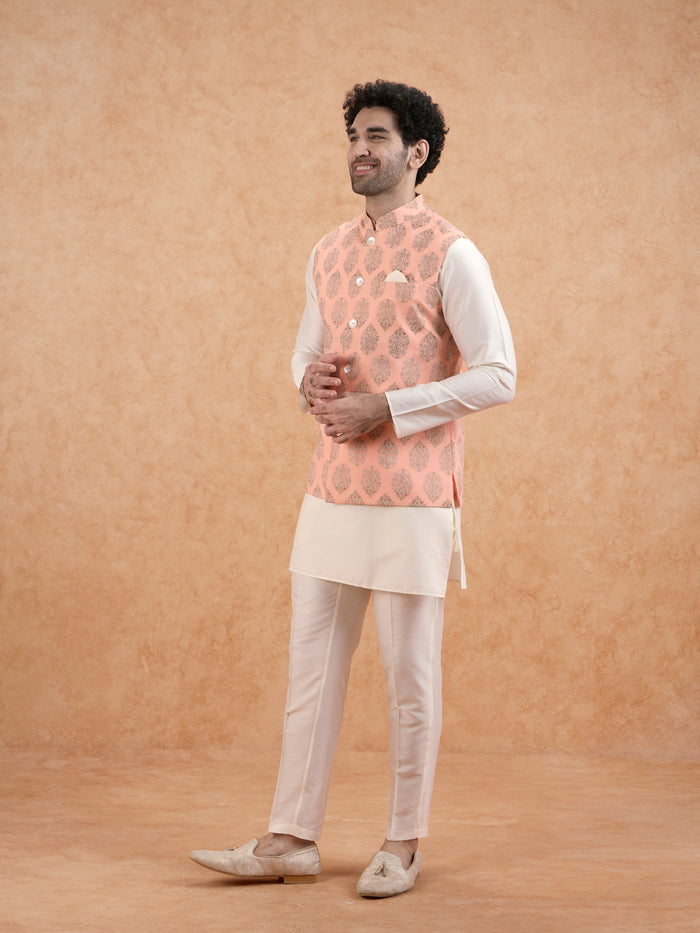 Peach Nehru Jacket with all over print