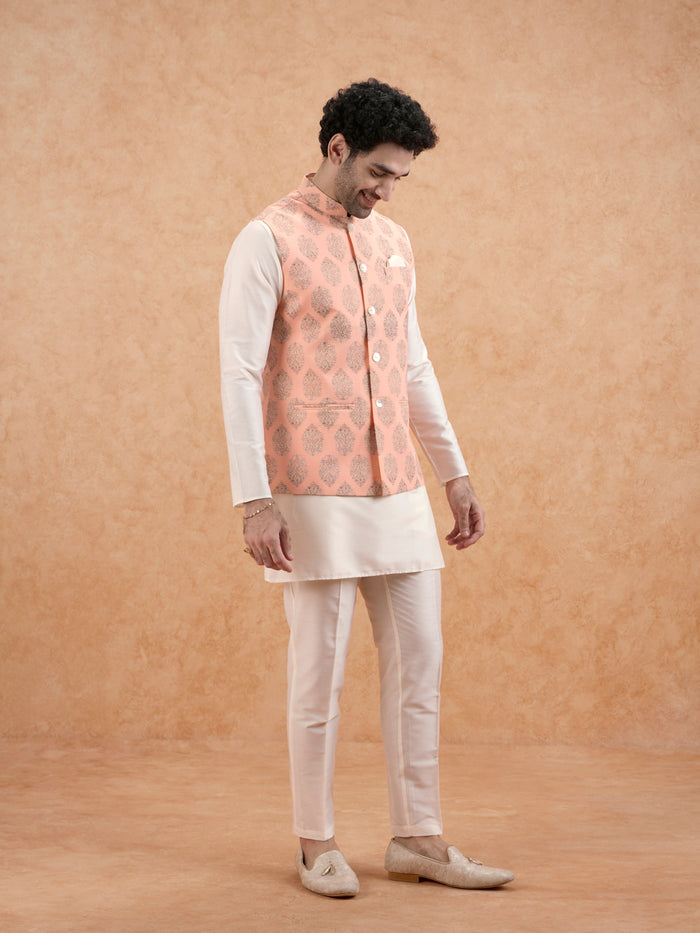 Peach Nehru Jacket with all over print