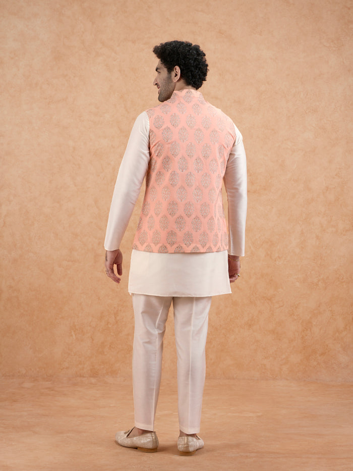 Peach Nehru Jacket with all over print