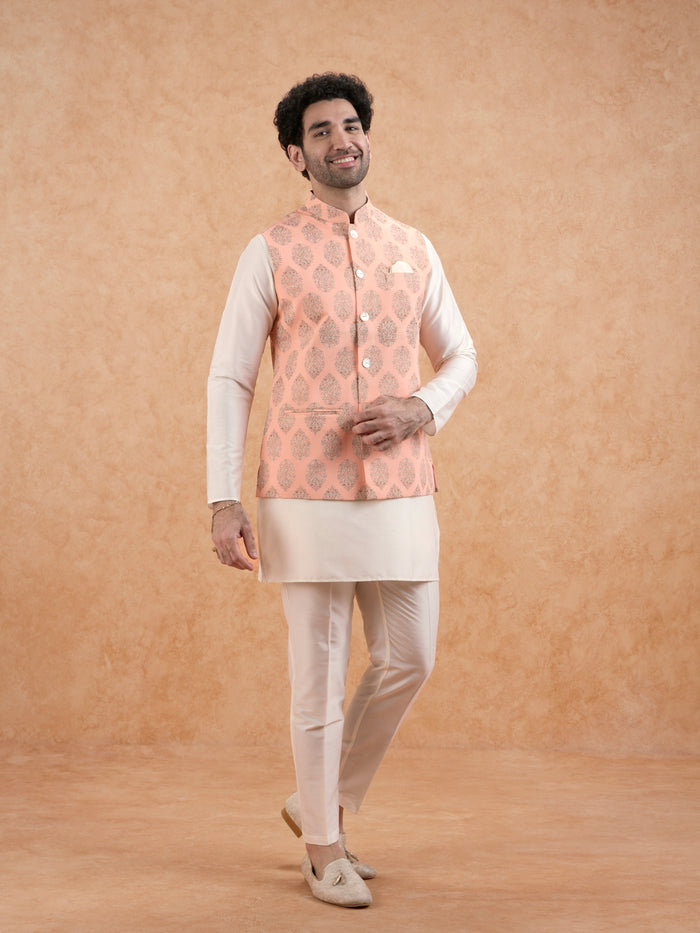 Peach Nehru Jacket with all over print