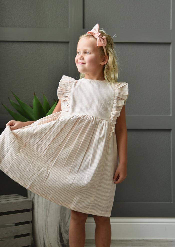 Peach Pinstripes Ruffle Sleeve Shift Dress Dress Yo Baby Wholesale