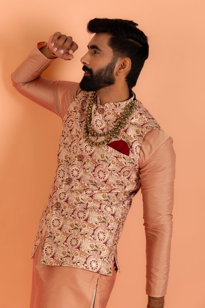 Peach Silk Blend Jacquard Nehru Jacket with Maroon
