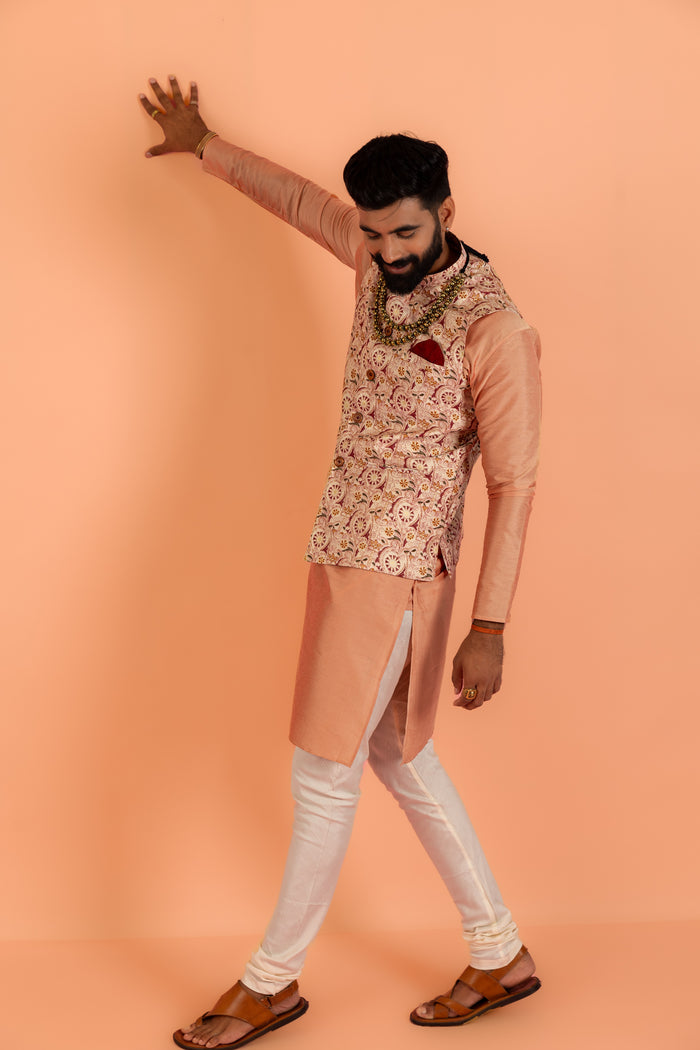 Peach Silk Blend Jacquard Nehru Jacket with Maroon