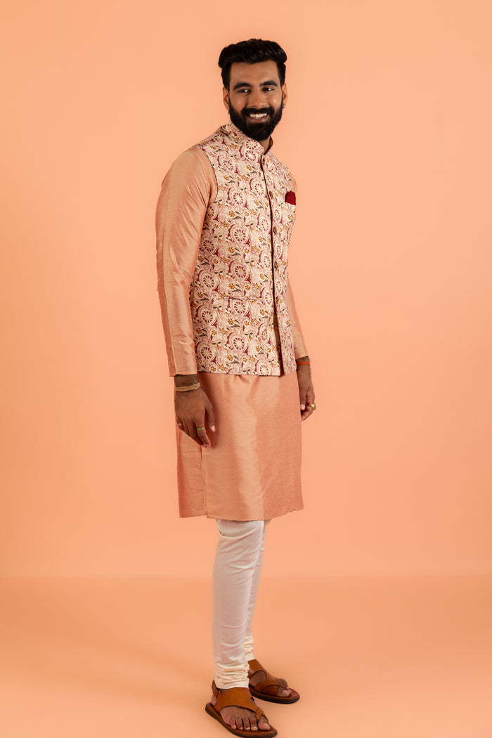 Peach Silk Blend Jacquard Nehru Jacket with Maroon