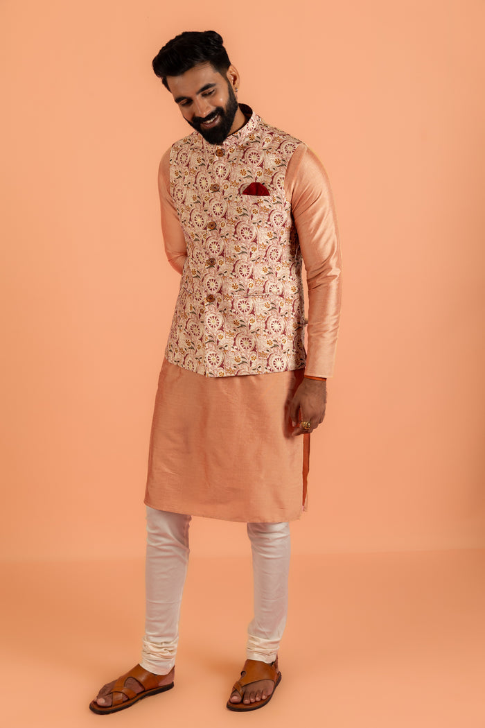 Peach Silk Blend Jacquard Nehru Jacket with Maroon