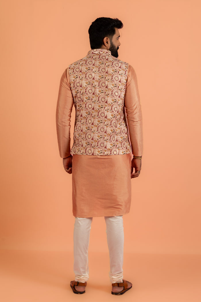 Peach Silk Blend Jacquard Nehru Jacket with Maroon