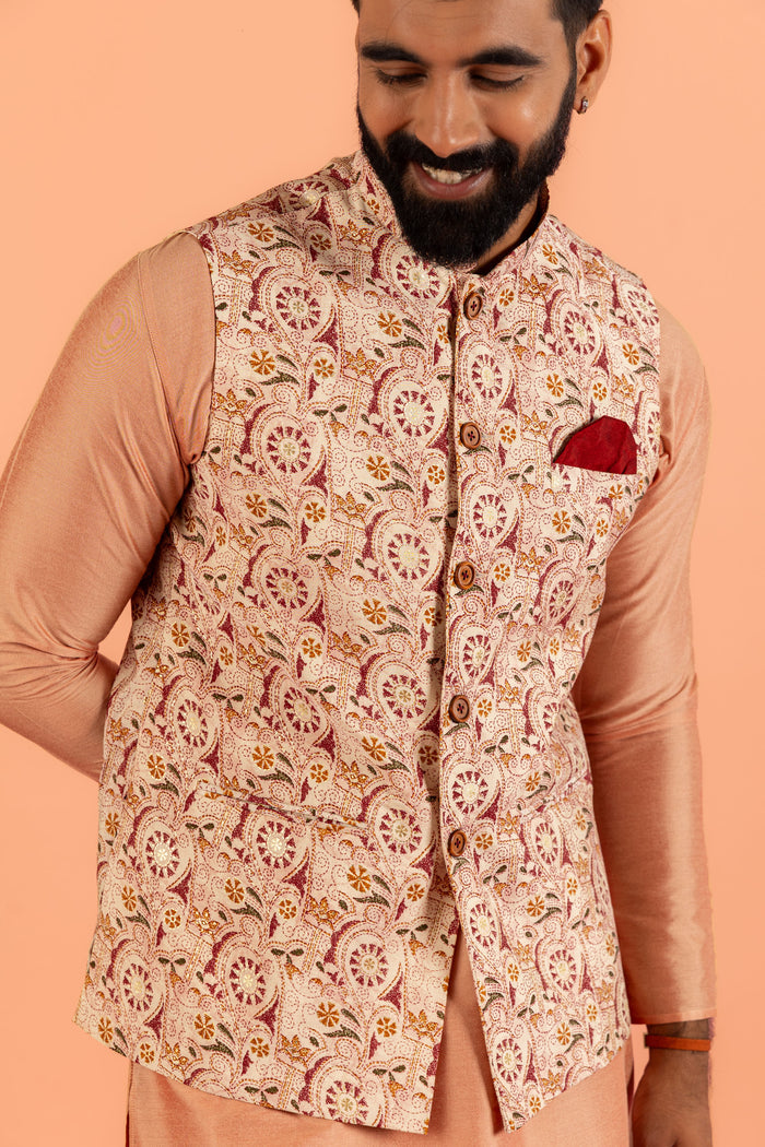 Peach Silk Blend Jacquard Nehru Jacket with Maroon