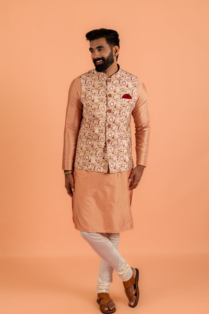 Peach Silk Blend Jacquard Nehru Jacket with Maroon