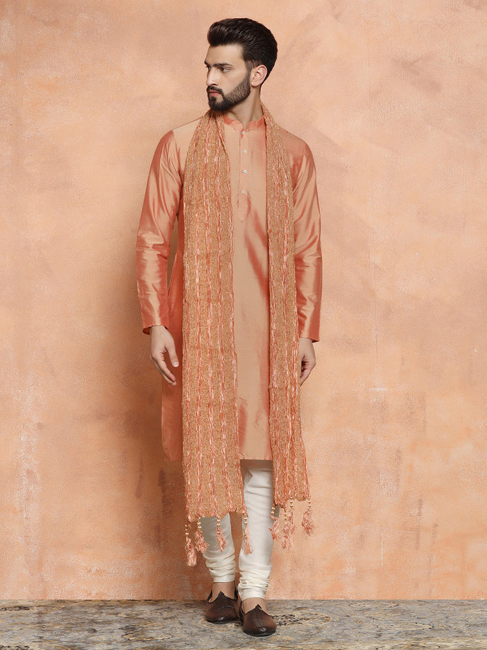 Peach Silk Blend Kurta Churidar with Embellished Dupatta