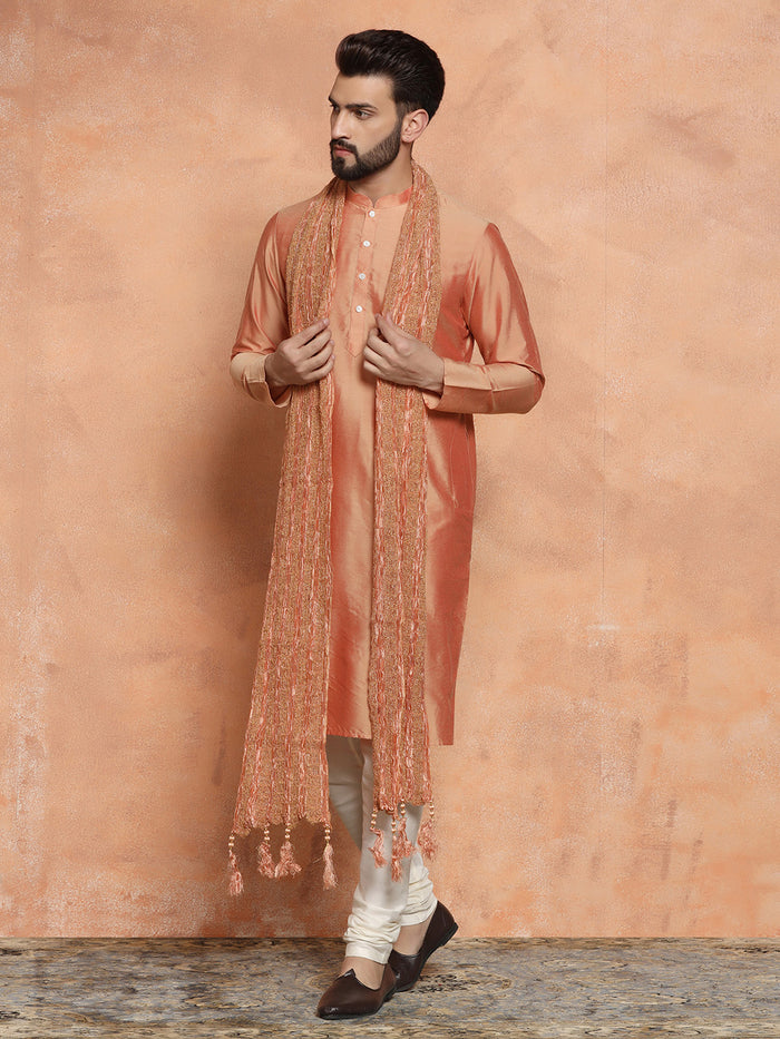 Peach Silk Blend Kurta Churidar with Embellished Dupatta