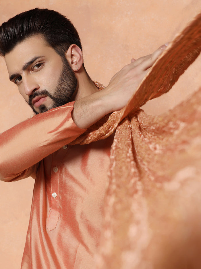 Peach Silk Blend Kurta Churidar with Embellished Dupatta