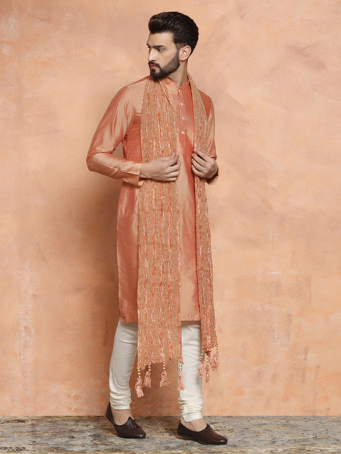 Peach Silk Blend Kurta Churidar with Embellished Dupatta