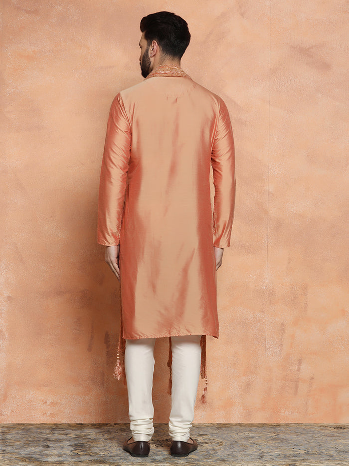 Peach Silk Blend Kurta Churidar with Embellished Dupatta