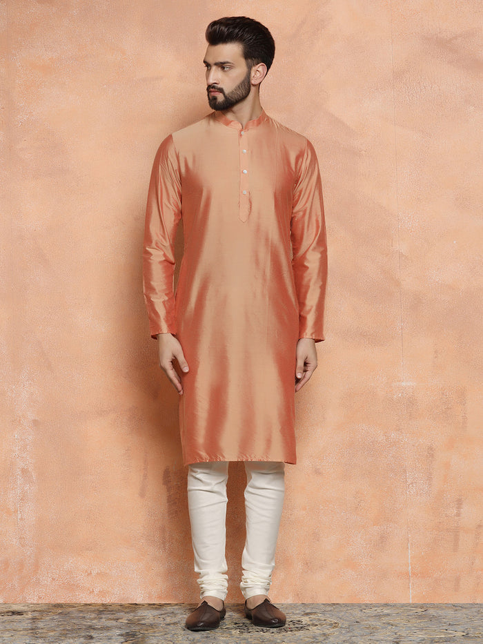 Peach Silk Blend Kurta Churidar with Embellished Dupatta