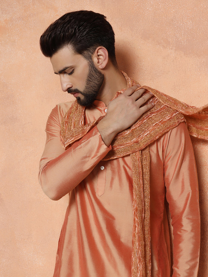 Peach Silk Blend Kurta Churidar with Embellished Dupatta