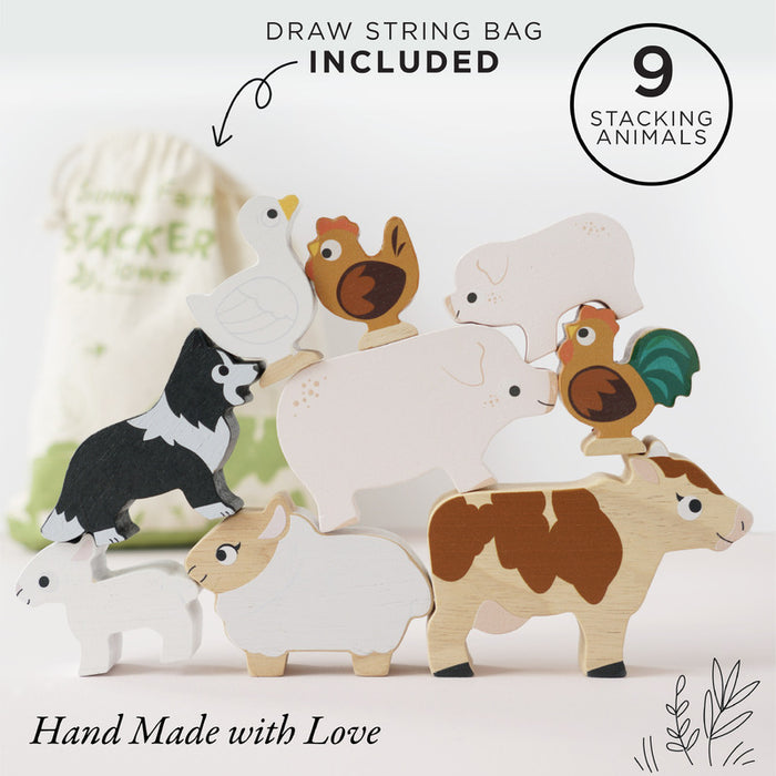 Petilou Wooden Farm Stacking Animals & Bag Gift Set