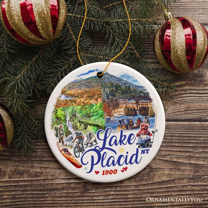 Picturesque Lake Placid Ornament, Charming New York Mountain Town Christmas Gift and Travel Souvenir Ceramic Ornament OrnamentallyYou Circle Version 1