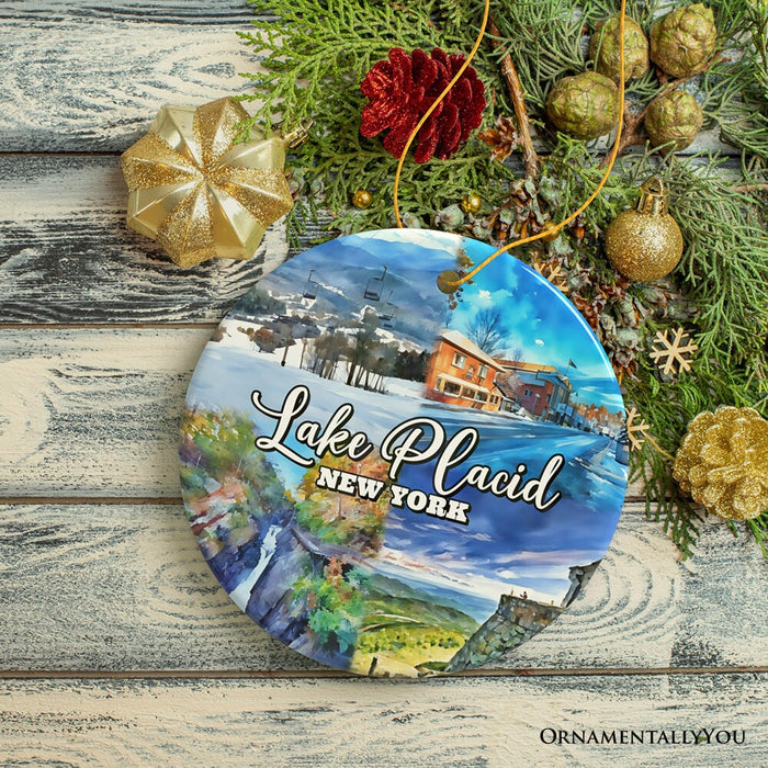 Picturesque Lake Placid Ornament, Charming New York Mountain Town Christmas Gift and Travel Souvenir Ceramic Ornament OrnamentallyYou Circle Version 2