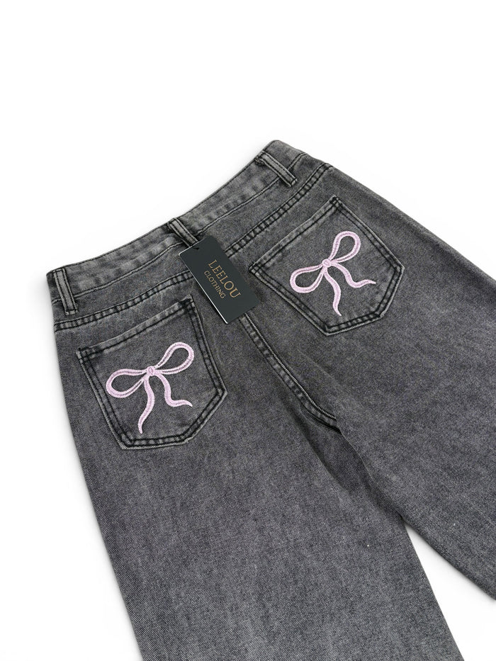 Pink Bow Pocket Baggy Jeans