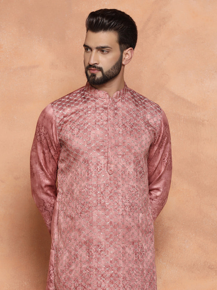 Pink Cotton Blend Embroidered Long Kurta