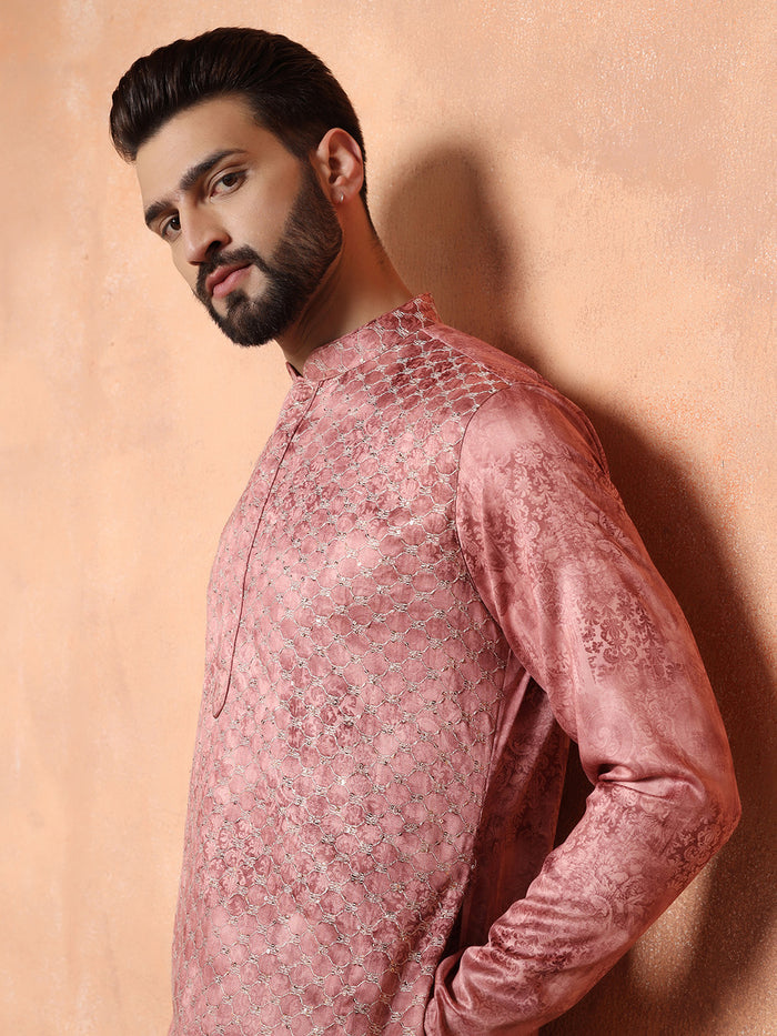 Pink Cotton Blend Embroidered Long Kurta