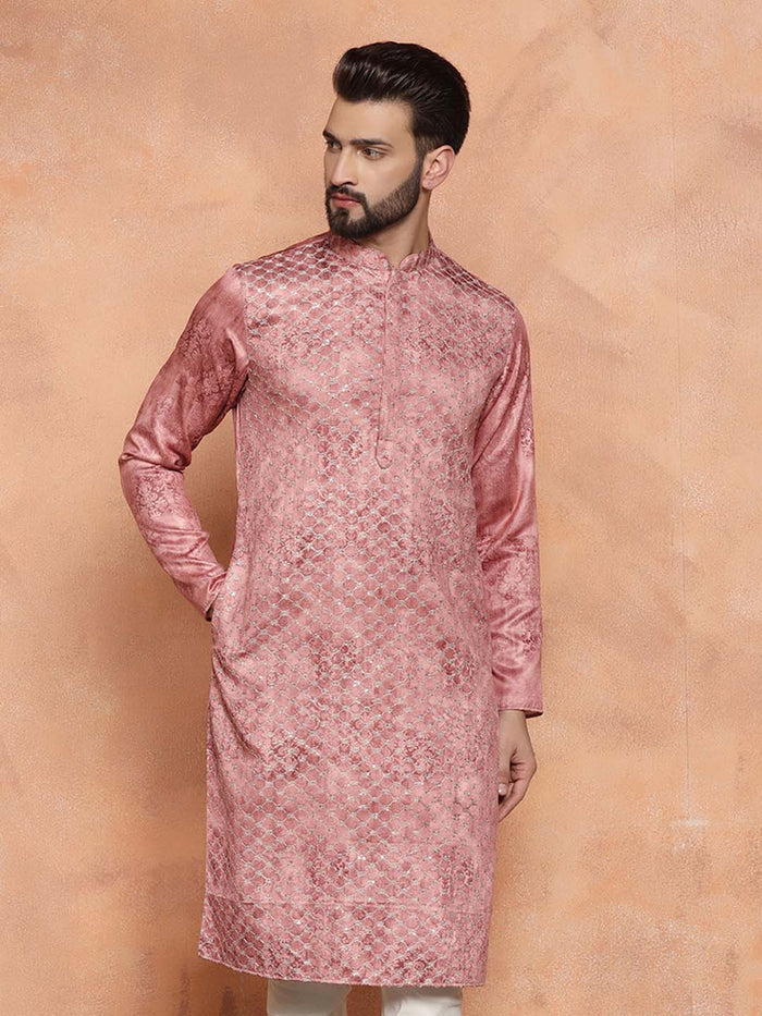Pink Cotton Blend Embroidered Long Kurta