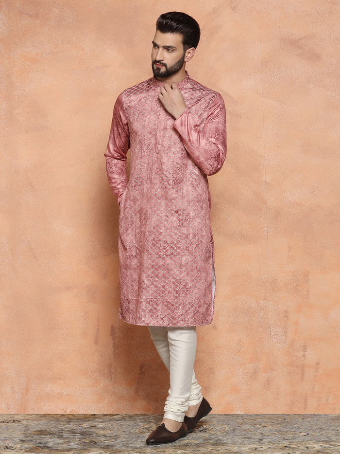 Pink Cotton Blend Embroidered Long Kurta