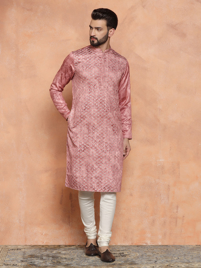Pink Cotton Blend Textured Kurta Churidar