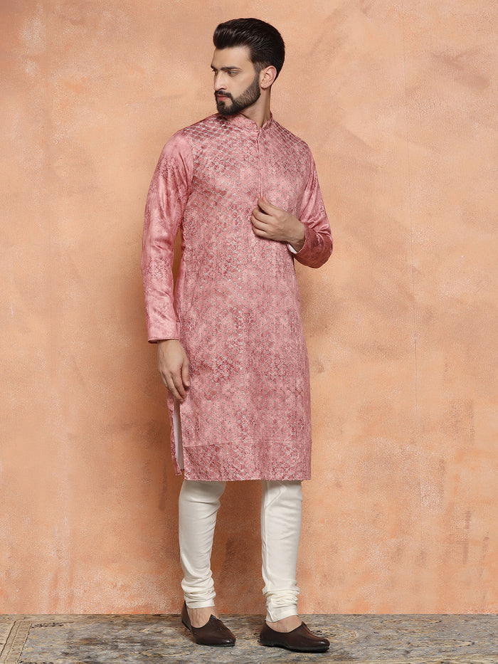 Pink Cotton Blend Textured Kurta Churidar