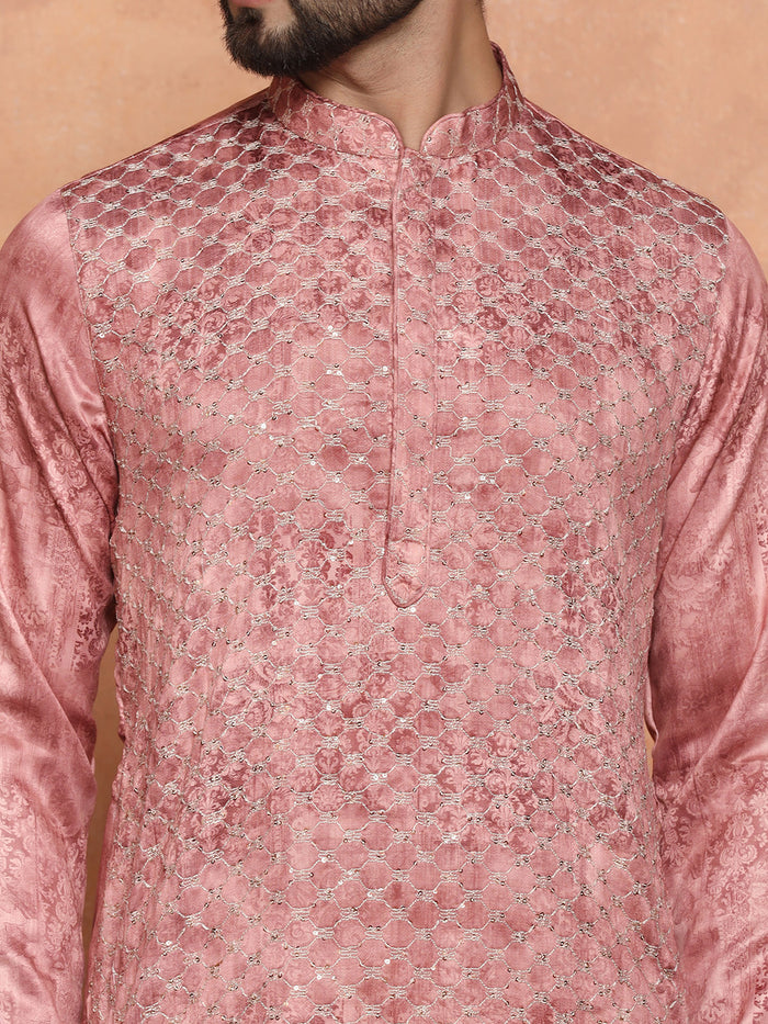 Pink Cotton Blend Textured Kurta Churidar