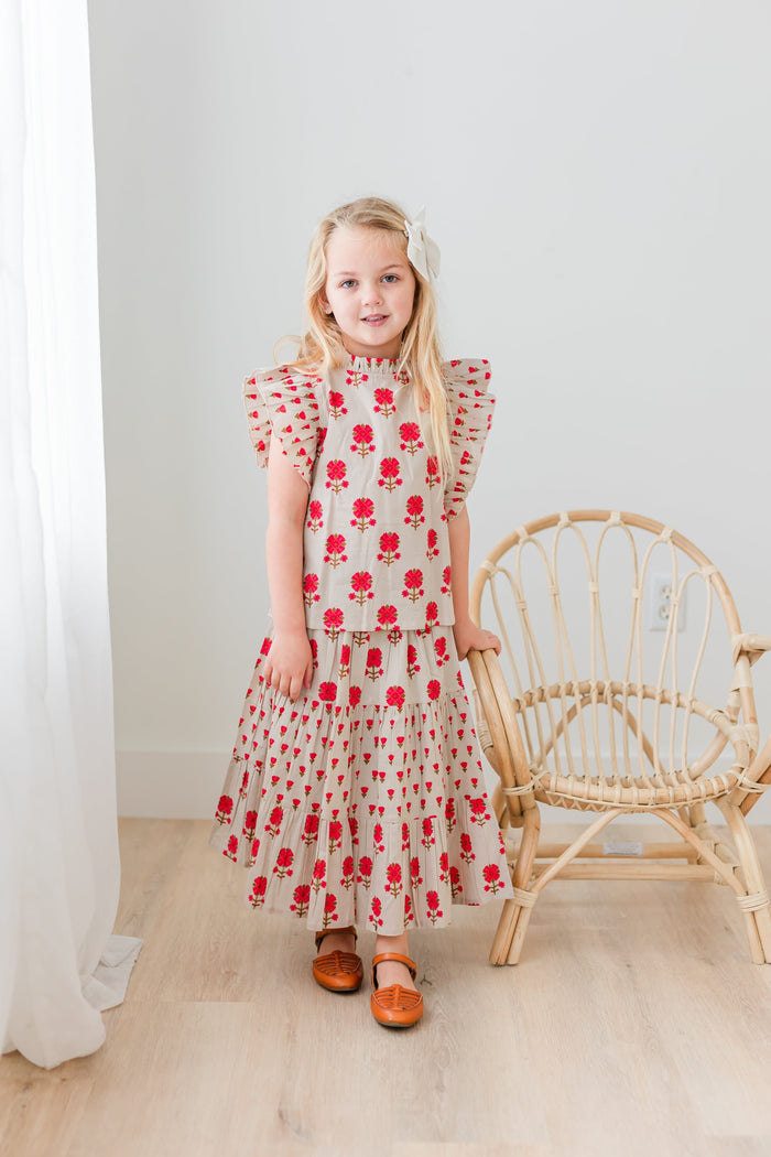 Pink Floral Neck Ruffle Top & Tiered Skirt Set TOP & SKIRTS Yo Baby India