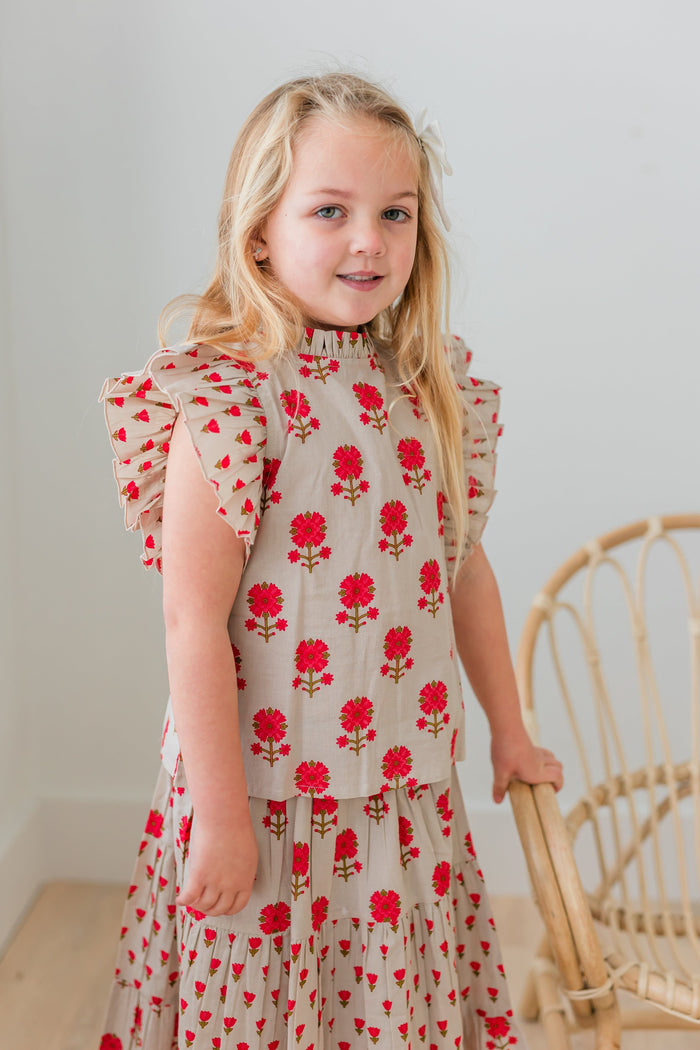 Pink Floral Neck Ruffle Top & Tiered Skirt Set TOP & SKIRTS Yo Baby India