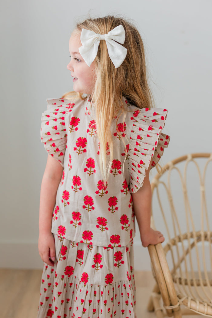 Pink Floral Neck Ruffle Top & Tiered Skirt Set TOP & SKIRTS Yo Baby India
