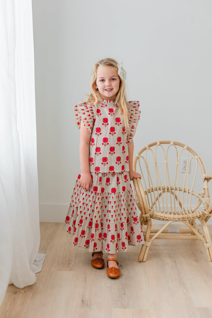 Pink Floral Neck Ruffle Top & Tiered Skirt Set TOP & SKIRTS Yo Baby India