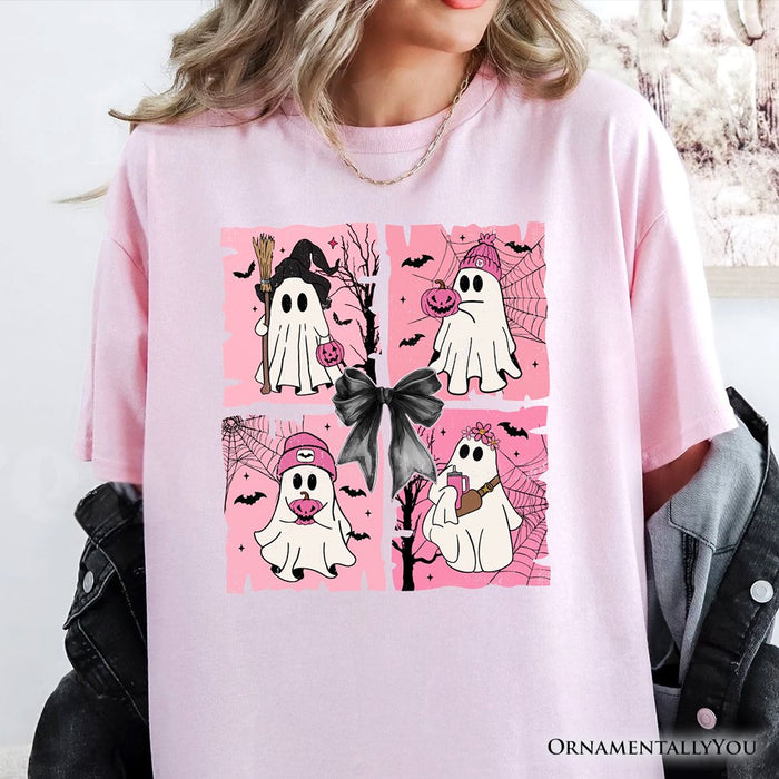 Pink Halloween Ghost T-Shirt, Coquette Spooky Season Tee for Girly Aesthetic T-Shirts OrnamentallyYou