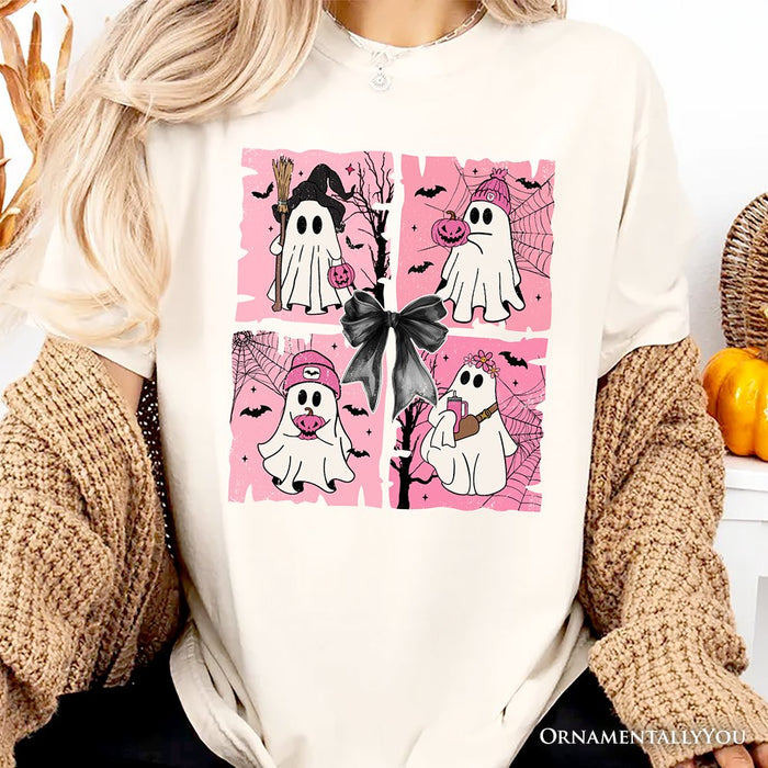 Pink Halloween Ghost T-Shirt, Coquette Spooky Season Tee for Girly Aesthetic T-Shirts OrnamentallyYou