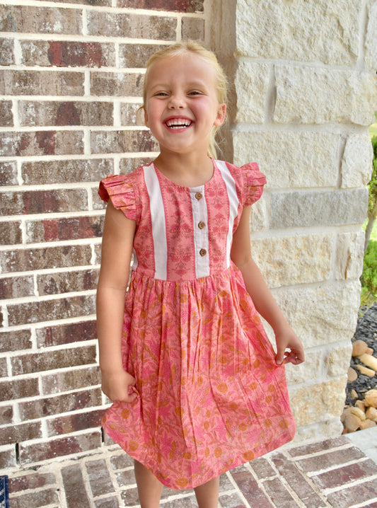 Pink Printed Angel Sleeves Shift Dress With Belt Dress Yo Baby Wholesale