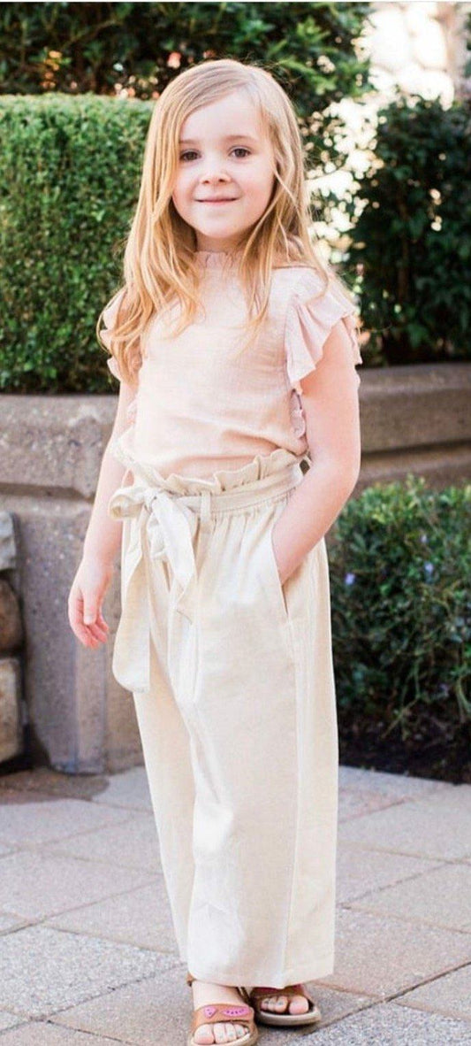 Pink Ruffle Sleeves Top with High-Waist Ivory Paper Bag Pants 2 pc. Set Dress Yo Baby Wholesale