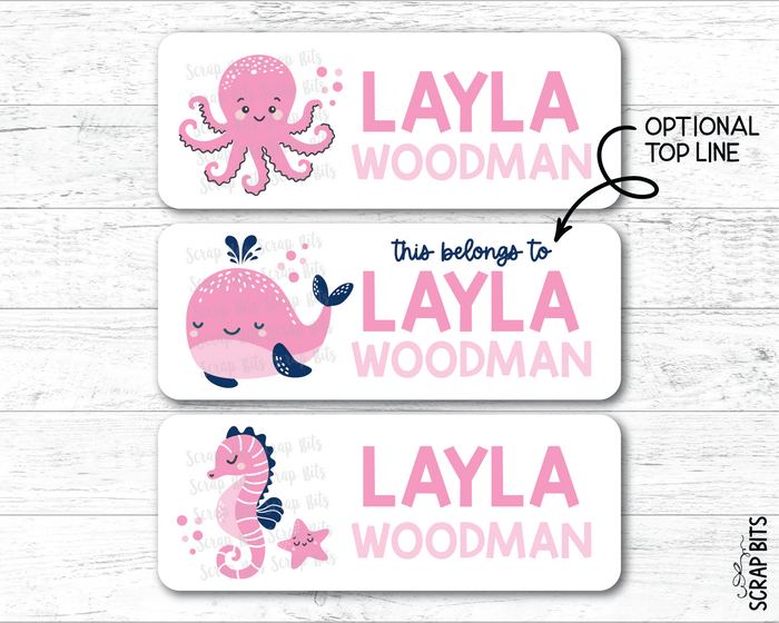 Pink Sea Animals Name Labels, Octopus, Whale, Seahorse . Personalized Belonging Labels - Scrap Bits