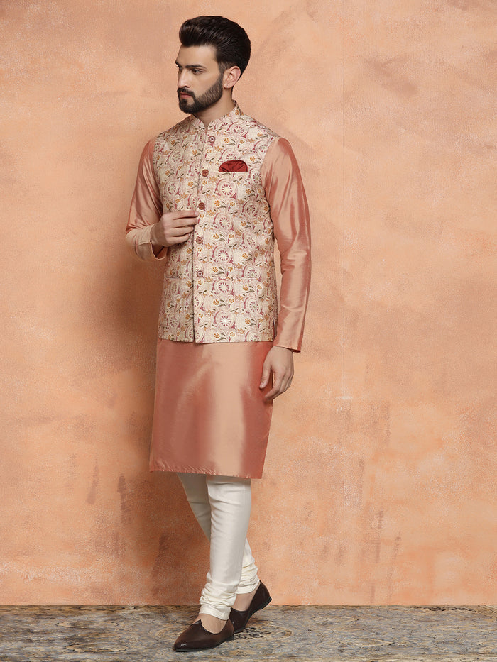 Pink Silk Blend Embroidered Jacket Set with Kurta & Churidar