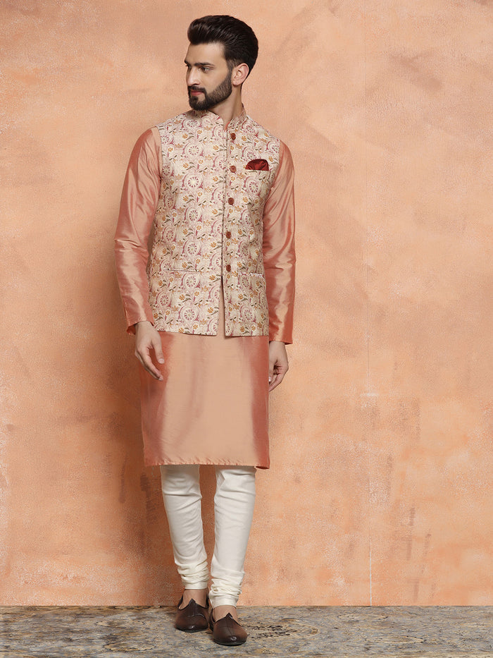 Pink Silk Blend Embroidered Jacket Set with Kurta & Churidar