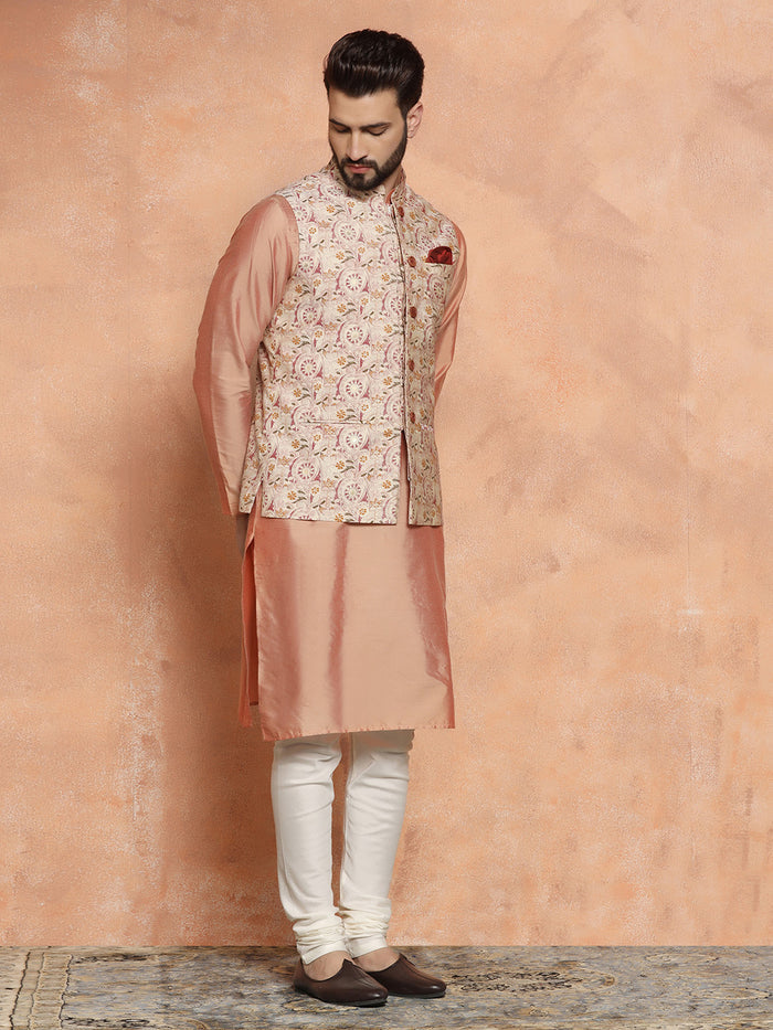 Pink Silk Blend Embroidered Jacket Set with Kurta & Churidar
