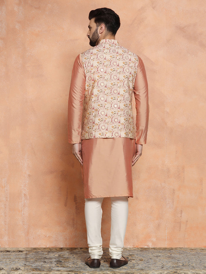 Pink Silk Blend Embroidered Jacket Set with Kurta & Churidar