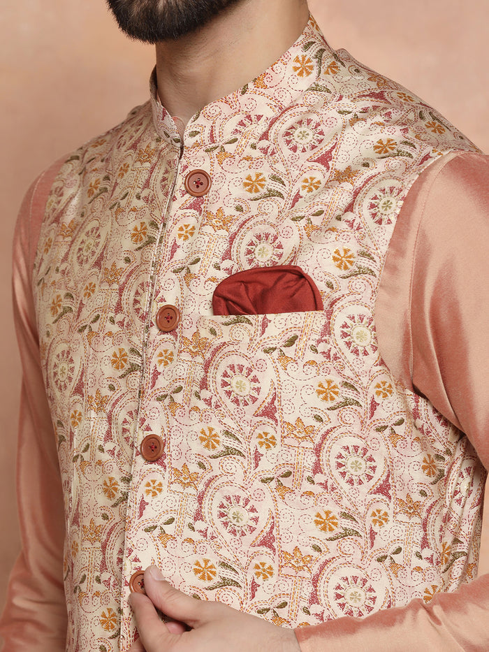 Pink Silk Blend Embroidered Jacket Set with Kurta & Churidar
