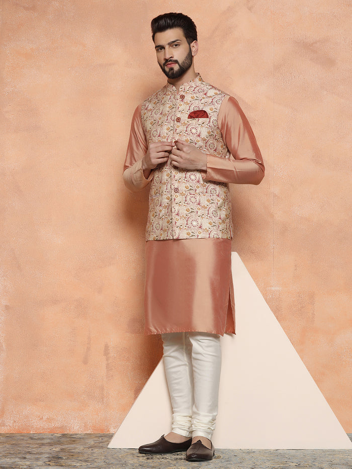 Pink Silk Blend Embroidered Jacket Set with Kurta & Churidar
