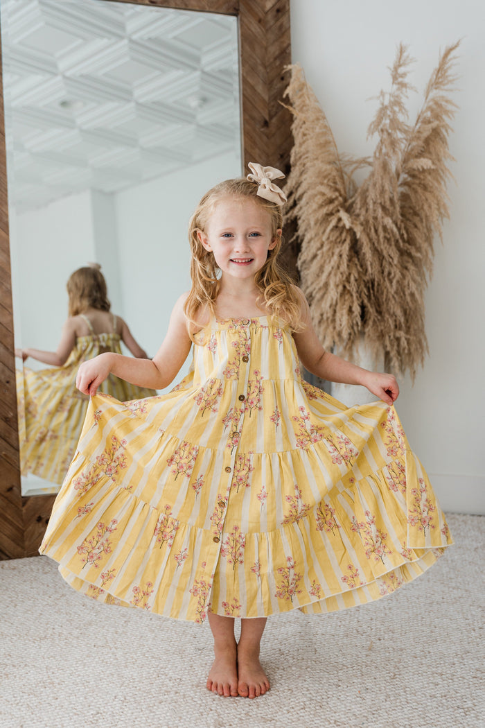 Pink & Yellow Floral Print Tiered Dress dress & diaper cover DRESS Yo Baby India