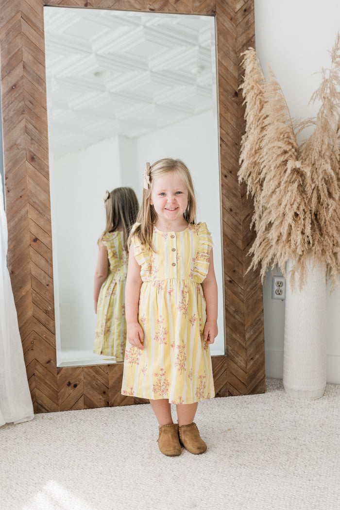 Pink & Yellow Floral Print Yoke Ruffled Gathered Dress DRESS Yo Baby India