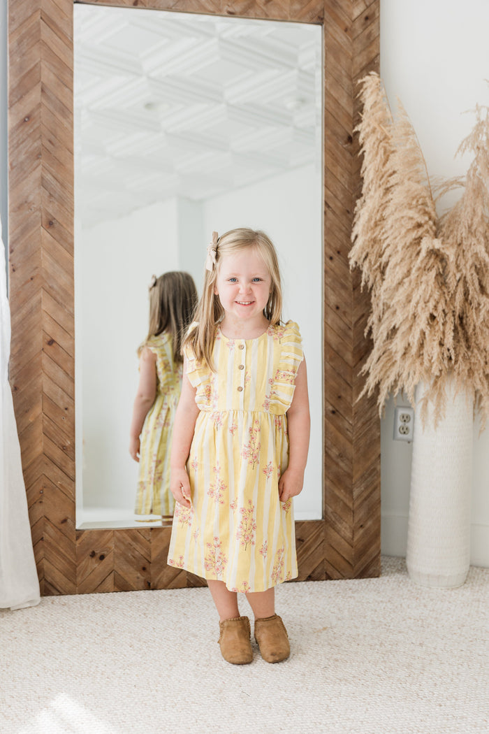 Pink & Yellow Floral Print Yoke Ruffled Gathered Dress DRESS Yo Baby India