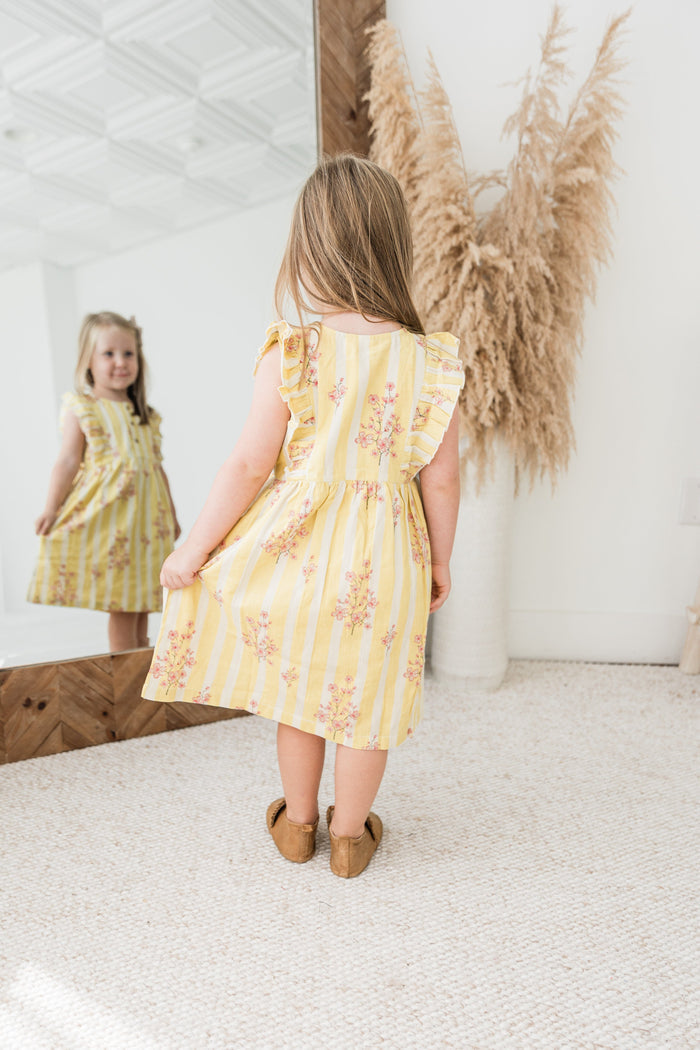 Pink & Yellow Floral Print Yoke Ruffled Gathered Dress DRESS Yo Baby India