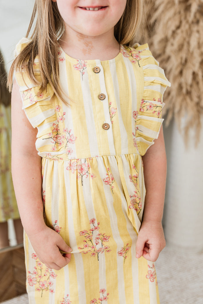 Pink & Yellow Floral Print Yoke Ruffled Gathered Dress DRESS Yo Baby India